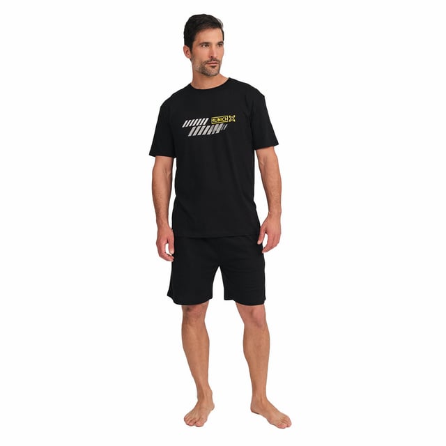 These men's short-sleeved pajamas combine comfort and style in a fresh and relaxed set, perfect for resting in comfort and looking good even at home.

 Details:

 T-shirt:
 - Relaxed fit.
 - Round neck.
 - Short sleeve.
 - Front print.

 Short:
 - Short and baggy.
 - Side pockets.
 - Elastic waistband.
 - Light and cool fabric for the warmest nights.
 - Tone-on-tone visible seams.

 For those seeking a restful night's sleep, MUNICH's luxurious short-sleeved pyjama sets are just the ticket. Crafted from the finest fabrics and with an attention to detail unmatched in the industry, these comfortable and stylish men's short-sleeved pyjamas will ensure you sleep in luxury each and every night.
 Composition: T-shirt: 50% Modal, 50% Cotton; Shorts: 50% Modal, 50% Cotton
 Care:
Machine wash max. 30ºC.
 Use mild detergent.
 Avoid bleaches.
 Dry at low temperature.
 Iron at low temperature.