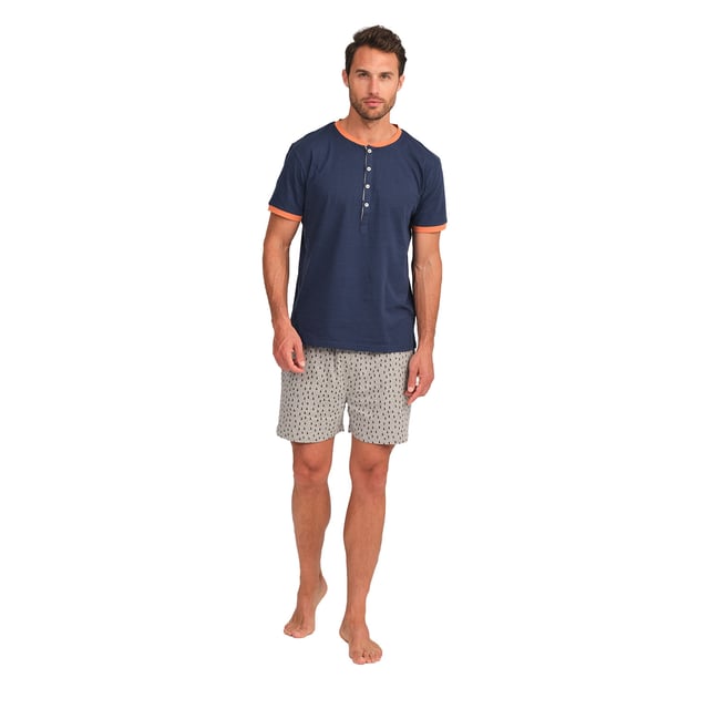 Enjoy a restful night's sleep in this stylish and comfortable men's pyjama set. Designed to provide maximum comfort without compromising on style, this men's pyjama set combines a short-sleeved T-shirt with shorts, perfect for lazy nights and relaxing at home.

 Details:

 T-shirt:
 - Relaxed fit.
 - Round neck with button placket.
 - Short sleeve.
 - Lightweight and breathable fabric.

 Short:
 - Short and baggy.
 - Side pockets.
 - Adjustable elastic waistband with drawstring.
 - Light and cool fabric for the warmest nights.
 - Tone-on-tone visible seams.

 For those seeking a restful night's sleep, J and J Brothers's luxurious short sleeve pyjama sets are just the ticket. Crafted from the finest fabrics and with an attention to detail unmatched in the industry, these comfortable and stylish men's short sleeve pyjamas will ensure you get a luxurious night's sleep each and every night.
 Composition: T-shirt: 100% Cotton; Shorts: 90% Cotton, 10% Viscose
 Care:
Machine wash max. 30ºC.
 Use mild detergent.
 Avoid bleaches.
 Dry at low temperature.
 Iron at low temperature.