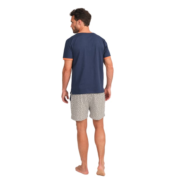 Enjoy a restful night's sleep in this stylish and comfortable men's pyjama set. Designed to provide maximum comfort without compromising on style, this men's pyjama set combines a short-sleeved T-shirt with shorts, perfect for lazy nights and relaxing at home.

 Details:

 T-shirt:
 - Relaxed fit.
 - Round neck with button placket.
 - Short sleeve.
 - Lightweight and breathable fabric.

 Short:
 - Short and baggy.
 - Side pockets.
 - Adjustable elastic waistband with drawstring.
 - Light and cool fabric for the warmest nights.
 - Tone-on-tone visible seams.

 For those seeking a restful night's sleep, J and J Brothers's luxurious short sleeve pyjama sets are just the ticket. Crafted from the finest fabrics and with an attention to detail unmatched in the industry, these comfortable and stylish men's short sleeve pyjamas will ensure you get a luxurious night's sleep each and every night.
 Composition: T-shirt: 100% Cotton; Shorts: 90% Cotton, 10% Viscose
 Care:
Machine wash max. 30ºC.
 Use mild detergent.
 Avoid bleaches.
 Dry at low temperature.
 Iron at low temperature.