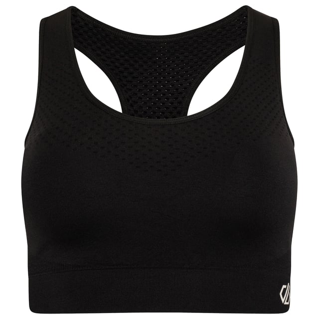Material: Elastane, Nylon, Polyamide, Polyester. Fabric: Mesh, Q-Wic, Stretch. Design: Logo, Plain. Fabric Technology: Antibacterial, Moisture Wicking, Quick Dry, SeamSmart Technology. Medium Support, Removable Padded Cups, Seamless, Shaped Cups. Back Style: Racerback. Neckline: Scoop. XS: 32 in. S: 34 in. M: 36 in. L: 38 in. XL: 40 in.