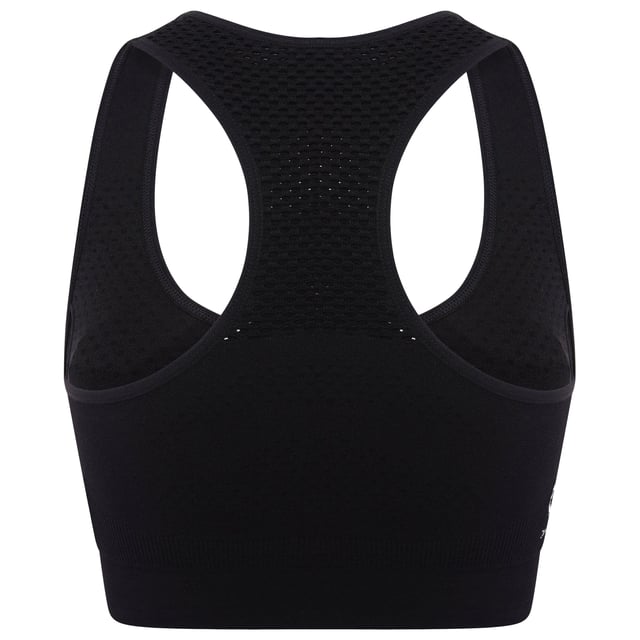 Material: Elastane, Nylon, Polyamide, Polyester. Fabric: Mesh, Q-Wic, Stretch. Design: Logo, Plain. Fabric Technology: Antibacterial, Moisture Wicking, Quick Dry, SeamSmart Technology. Medium Support, Removable Padded Cups, Seamless, Shaped Cups. Back Style: Racerback. Neckline: Scoop. XS: 32 in. S: 34 in. M: 36 in. L: 38 in. XL: 40 in.
