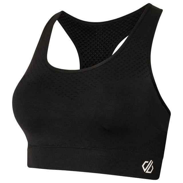 Material: Elastane, Nylon, Polyamide, Polyester. Fabric: Mesh, Q-Wic, Stretch. Design: Logo, Plain. Fabric Technology: Antibacterial, Moisture Wicking, Quick Dry, SeamSmart Technology. Medium Support, Removable Padded Cups, Seamless, Shaped Cups. Back Style: Racerback. Neckline: Scoop. XS: 32 in. S: 34 in. M: 36 in. L: 38 in. XL: 40 in.