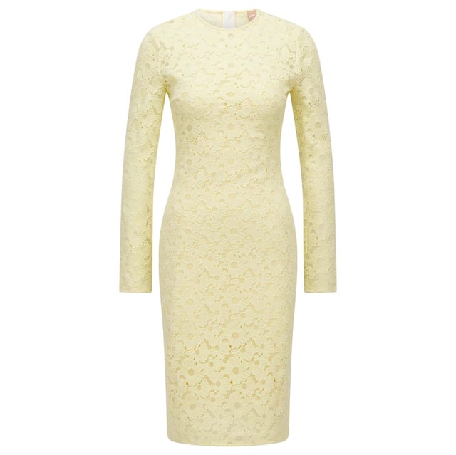 Een vrouwelijke jurk van BOSS Womenswear. Deze opvallende jurk heeft lange mouwen en een ritssluiting aan de achterkant voor een net silhouet. Het elegante kant is gemaakt van een katoenmix. De gladde voering biedt comfort tegen de huid.