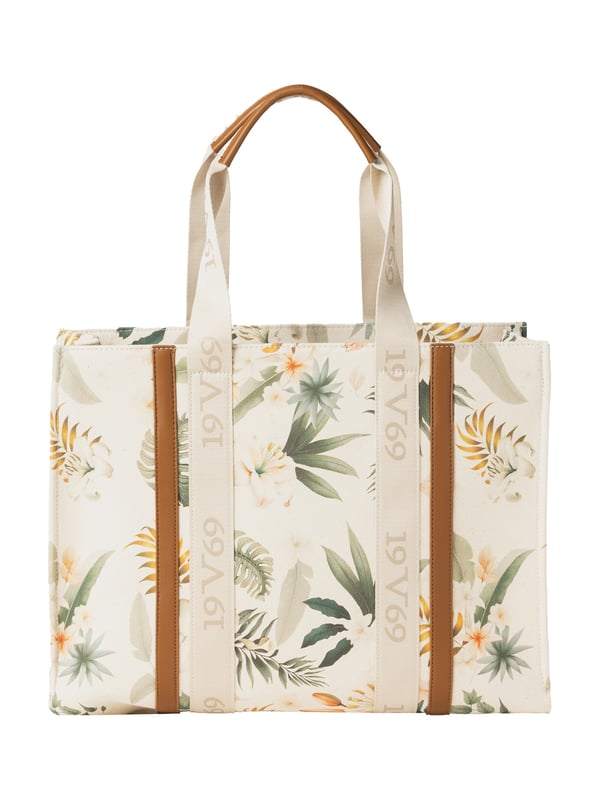 De 19v69 ITALIA ENISE handtas brengt een zomerse sfeer in je look met zijn tropische print en contrasterende kleurdetails. De brede handgrepen met logo zorgen voor een sportieve, moderne afwerking, ideaal voor naar het strand, de stad of om te shoppen.
