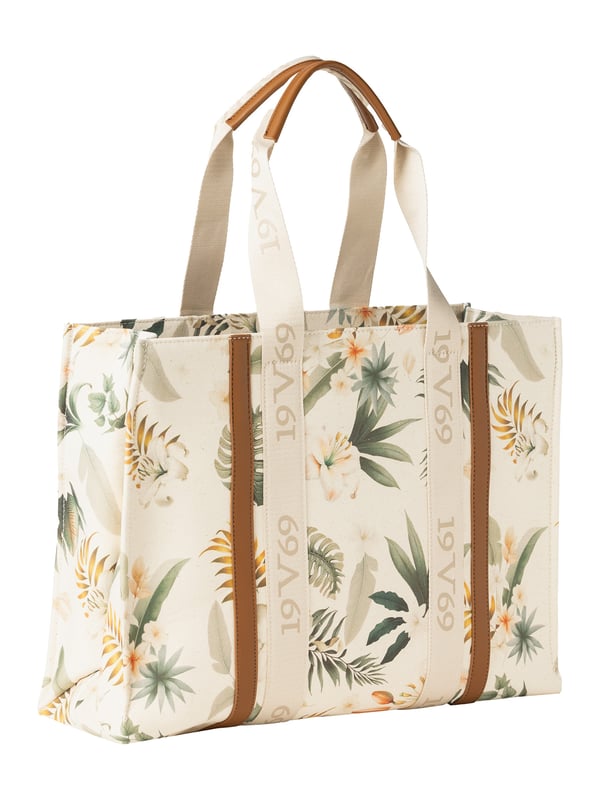 De 19v69 ITALIA ENISE handtas brengt een zomerse sfeer in je look met zijn tropische print en contrasterende kleurdetails. De brede handgrepen met logo zorgen voor een sportieve, moderne afwerking, ideaal voor naar het strand, de stad of om te shoppen.