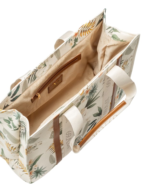 De 19v69 ITALIA ENISE handtas brengt een zomerse sfeer in je look met zijn tropische print en contrasterende kleurdetails. De brede handgrepen met logo zorgen voor een sportieve, moderne afwerking, ideaal voor naar het strand, de stad of om te shoppen.