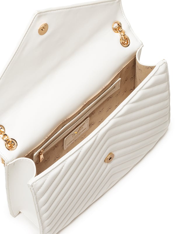 De BIANCA handtas van 19v69 ITALIA straalt pure elegantie uit met zijn heldere flapvorm en geraffineerde chevron quilting. De gouden schakelbandjes en de veganistische lederlook maken hem tot een stijlvolle highlight voor speciale gelegenheden.