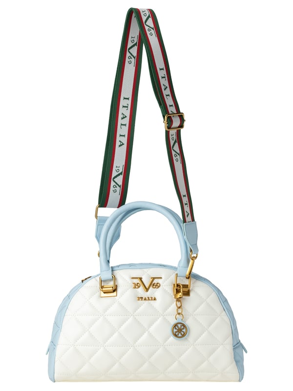 19v69 ITALIA handtas ALICIA maakt indruk met zijn tweekleurige gewatteerde look, gouden details en sportieve ITALIA schouderriem. De halfronde vorm geeft de tas een moderne twist, ideaal voor trendy city-looks.