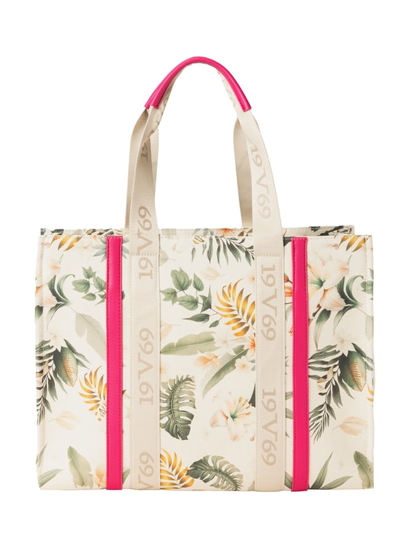 19v69 ITALIA Handtasche ENISE bringt mit tropischem Print und kontrastfarbenen Details Sommerlaune in deinen Look. Die breiten Logo-Tragehenkel sorgen für ein sportlich-modernes Finish – ideal für Strand, Stadt oder Shopping.