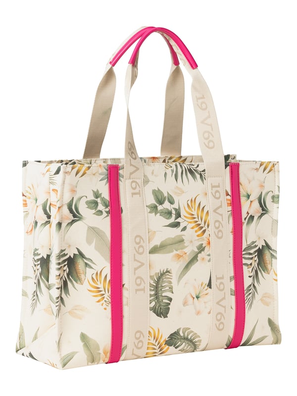 19v69 ITALIA Handtasche ENISE bringt mit tropischem Print und kontrastfarbenen Details Sommerlaune in deinen Look. Die breiten Logo-Tragehenkel sorgen für ein sportlich-modernes Finish – ideal für Strand, Stadt oder Shopping.