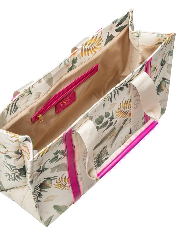 19v69 ITALIA Handtasche ENISE bringt mit tropischem Print und kontrastfarbenen Details Sommerlaune in deinen Look. Die breiten Logo-Tragehenkel sorgen für ein sportlich-modernes Finish – ideal für Strand, Stadt oder Shopping.