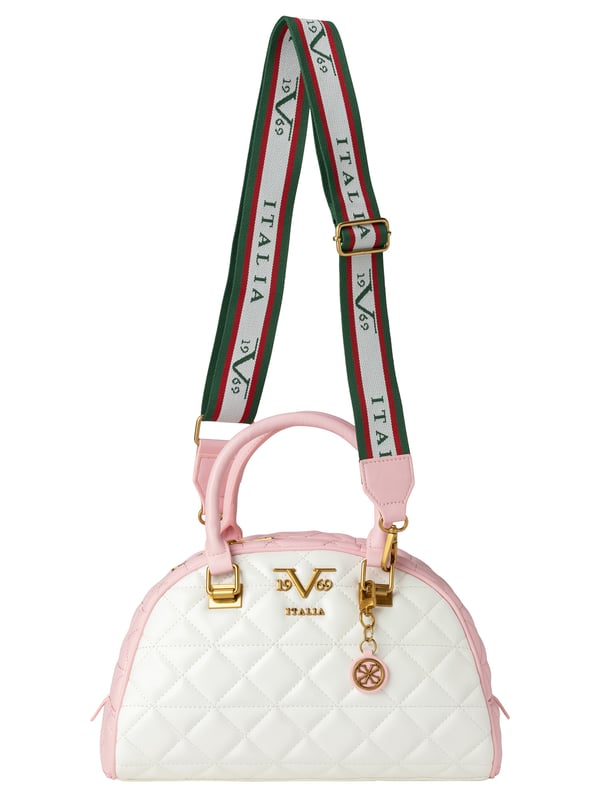 19v69 ITALIA handtas ALICIA maakt indruk met zijn tweekleurige gewatteerde look, gouden details en sportieve ITALIA schouderriem. De halfronde vorm geeft de tas een moderne twist, ideaal voor trendy city-looks.