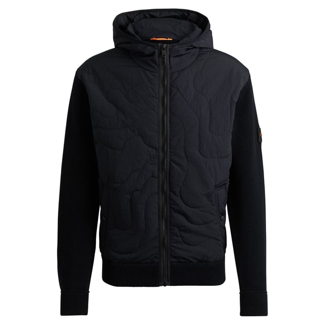 Mens BOSS Kalbero Relaxed Fit Padded Jacket in black.new seasonal design quilting on a light weight padded nylon - sleeves and back in half cardigan rib - double rib hem and cuffs with outside linking - front zip attached on top - visible press button with logo at pockets - squared logo at back inside - light weight padded hood with elasticated binding at opening - new herringbone logo patch at sleeve - 94% cotton 5% polyamide 1% elastane