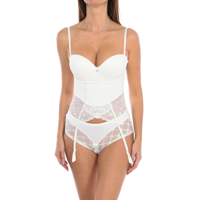 The Claire Push-Up Bra is designed to offer maximum lift and firm support. Its push-up cups create a fuller, more defined silhouette, naturally enhancing the figure, and its elongated bustier design adds a touch of sophistication.

 Characteristics:

 - Corset bra with preformed cups and underwire that enhance and offer optimal support to the bust.
 - Soft, breathable fabric ensures a comfortable fit all day long.
 - Bra with a bustier design, provides an elegant and stylized touch.
 - Embroidered lace details at the bottom with transparencies that provide a sophisticated and elegant touch.
 - Adjustable and removable straps to fit different neckline styles.
 - Includes removable garters, ideal for combining with stockings.
 - Adjustable back closure with multiple positions for a personalized fit.
 - Ideal women's bra for special occasions such as weddings or events, providing comfort and a luxurious finish.

 The Claire push-up bra combines style, comfort and functionality, making it the perfect choice for women looking for an intimate garment that provides elegance, support and comfort on any occasion.
 Composition: 60% Polyamide, 28% Polyester, 12% Elastane
 Care:
Hand wash.
 Do not spin.
 Do not iron.
 Do not use bleach.
 Do not tumble dry.
 Do not dry clean.