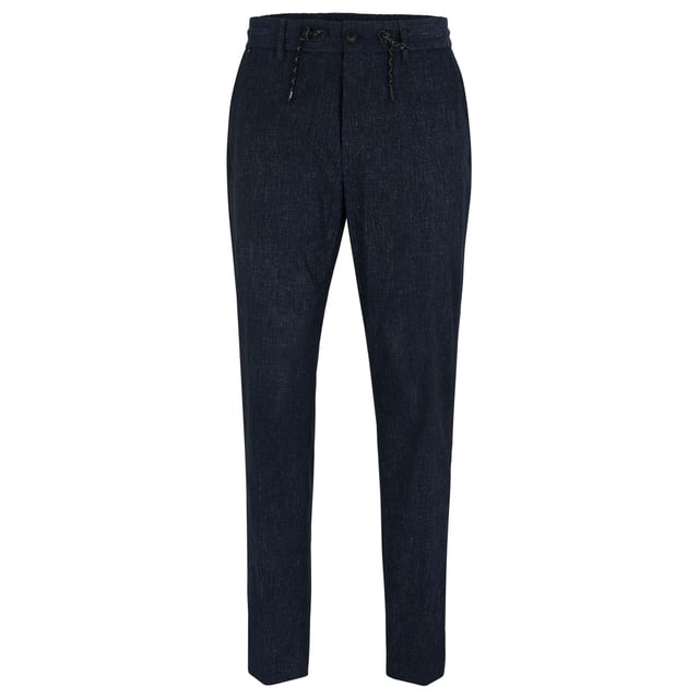 Mens BOSS P-GeniusJ Slim Fit Trousers in a Water-Repellent Fabric in dark blue.Advanced trousers by BOSS Menswear. Cut to a defined fit in performance-stretch material  these trousers are woven with a micro pattern and topped with a partially elasticated waist. A water-repellent finish completes this washable pair.- Slim fit- Drawstring- Flat front- French pockets to front- Patch pocket at rear- Main material: 100% Polyester.  Machine washable.- Ref: 50488477-404