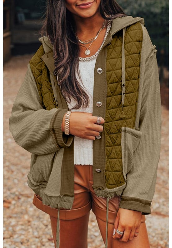 Jungle Green Quilted Textured Patchwork Loose Fit Hooded Jacket
  Buttoned jacket provides easy and adjustable wear
  Quilted design for a cozy and stylish outerwear option
  Textured fabric adds depth and visual interest to the jacket
  Loose fit for a comfortable and relaxed silhouette
  Available in captivating patterns and textures
  Check the size chart for your perfect fit
Material: 95% Polyester 5% Elastane