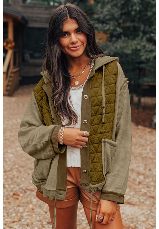 Jungle Green Quilted Textured Patchwork Loose Fit Hooded Jacket
  Buttoned jacket provides easy and adjustable wear
  Quilted design for a cozy and stylish outerwear option
  Textured fabric adds depth and visual interest to the jacket
  Loose fit for a comfortable and relaxed silhouette
  Available in captivating patterns and textures
  Check the size chart for your perfect fit
Material: 95% Polyester 5% Elastane