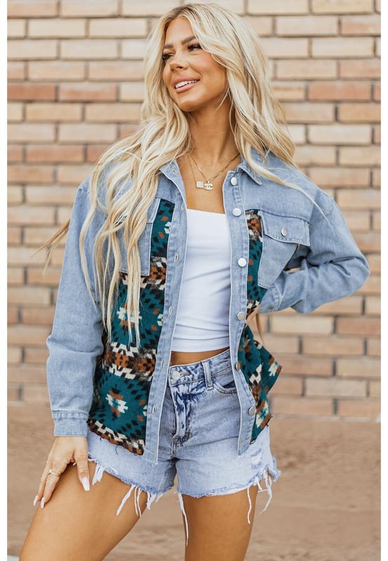 Our styles are designed with a trendy fitted look in mind following an international size standard. For the best fit we suggest choosing one size up from your usual. Be sure to check our sizing chart to find your perfect match!
  Eye
  catching Aztec print patchwork
  Relaxed fit silhouette
  Collared neckline
  Flap pockets
  Buttoned closure front
  Trendy frayed hemline
  Durable denim material
  Perfect for layering