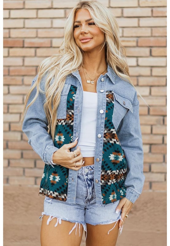 Our styles are designed with a trendy fitted look in mind following an international size standard. For the best fit we suggest choosing one size up from your usual. Be sure to check our sizing chart to find your perfect match!
  Eye
  catching Aztec print patchwork
  Relaxed fit silhouette
  Collared neckline
  Flap pockets
  Buttoned closure front
  Trendy frayed hemline
  Durable denim material
  Perfect for layering