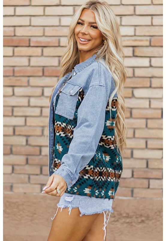 Our styles are designed with a trendy fitted look in mind following an international size standard. For the best fit we suggest choosing one size up from your usual. Be sure to check our sizing chart to find your perfect match!
  Eye
  catching Aztec print patchwork
  Relaxed fit silhouette
  Collared neckline
  Flap pockets
  Buttoned closure front
  Trendy frayed hemline
  Durable denim material
  Perfect for layering