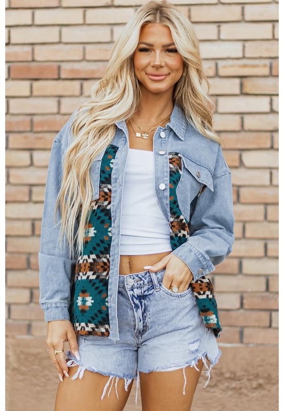 Our styles are designed with a trendy fitted look in mind following an international size standard. For the best fit we suggest choosing one size up from your usual. Be sure to check our sizing chart to find your perfect match!
  Eye
  catching Aztec print patchwork
  Relaxed fit silhouette
  Collared neckline
  Flap pockets
  Buttoned closure front
  Trendy frayed hemline
  Durable denim material
  Perfect for layering