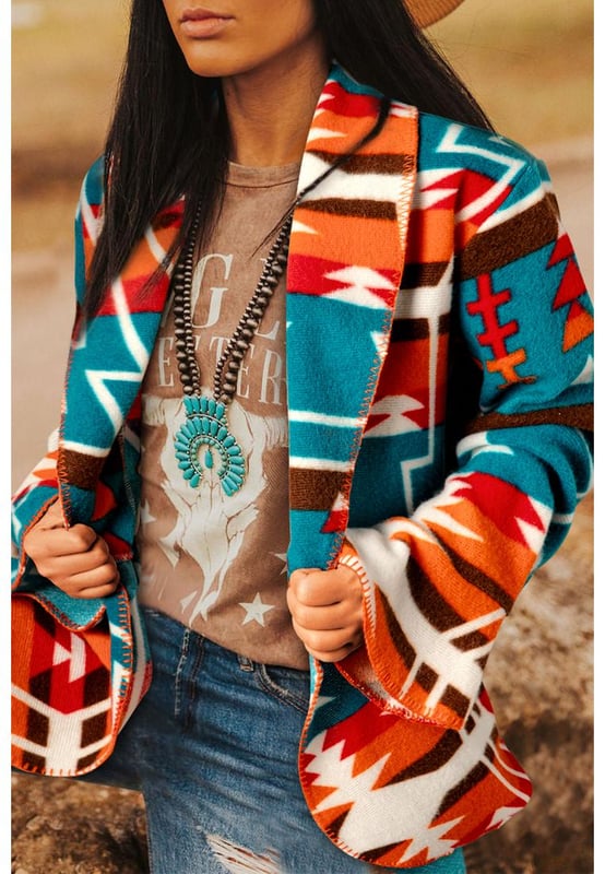 Our styles are designed with a trendy fitted look in mind following an international size standard. For the best fit we suggest choosing one size up from your usual. Be sure to check our sizing chart to find your perfect match!
  Sky Blue Aztec Printed Lapel Bell Sleeve Jacket
  Bold Aztec print for a standout look
  Sophisticated lapel collar design
  Trendy bell sleeves for a boho
  chic vibe
  Open front for versatile layering
Material: 100% Polyester