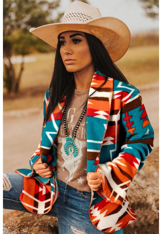 Our styles are designed with a trendy fitted look in mind following an international size standard. For the best fit we suggest choosing one size up from your usual. Be sure to check our sizing chart to find your perfect match!
  Sky Blue Aztec Printed Lapel Bell Sleeve Jacket
  Bold Aztec print for a standout look
  Sophisticated lapel collar design
  Trendy bell sleeves for a boho
  chic vibe
  Open front for versatile layering
Material: 100% Polyester