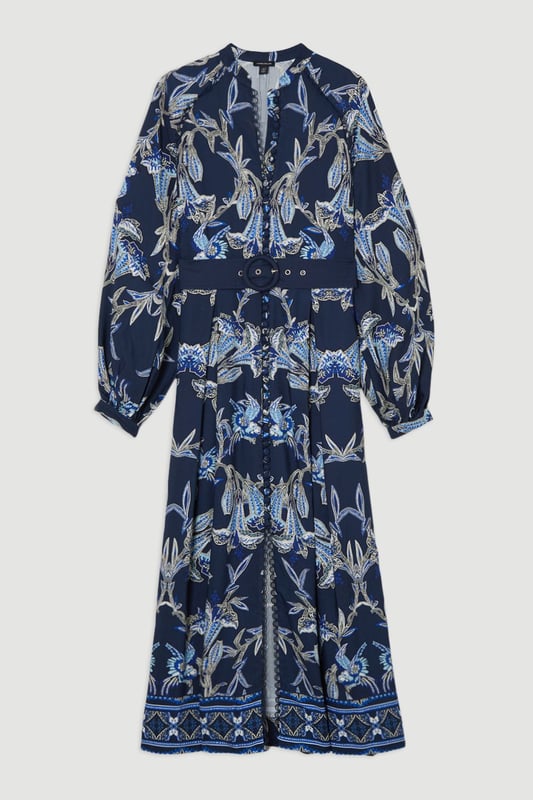 Viscose Linen Mirrored Floral Woven Midi Dress With Raffia Belt