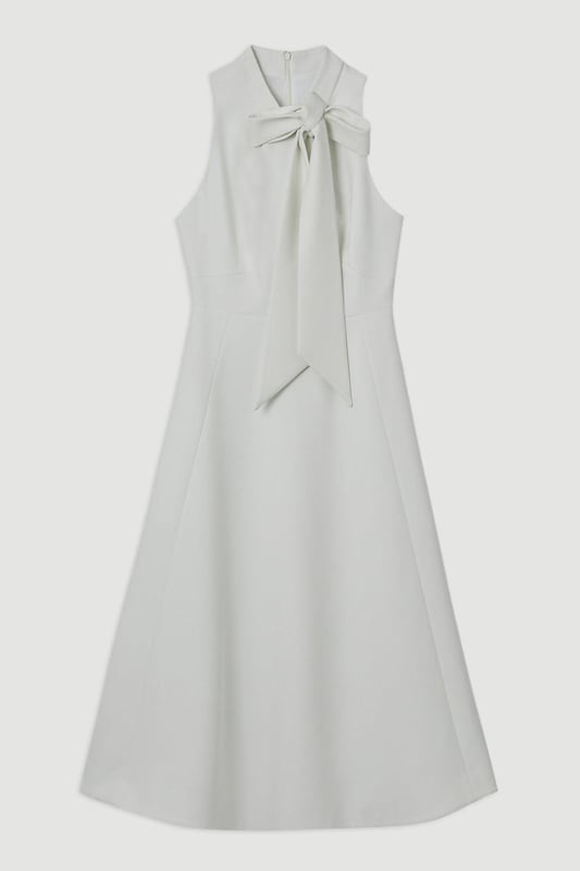 Compact Stretch Bow Tie Neck Full Skirted Midi Dress Compact Stretch Bow Tie Neck Full Skirted Midi Dress
