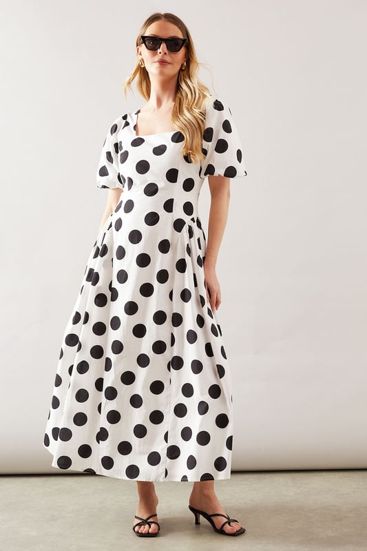 Spot Puff Sleeve Cotton Mix Midi Dress