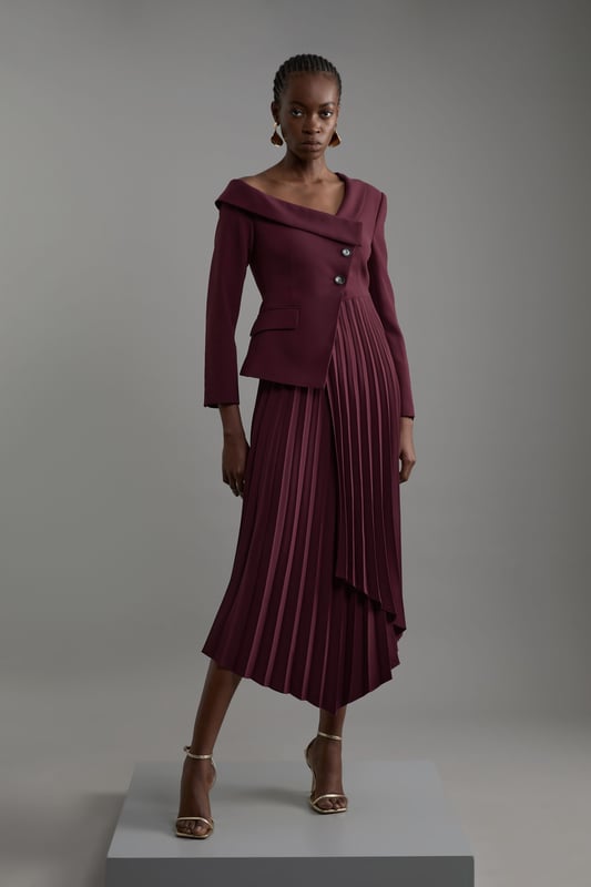 Tailored Crepe Asymmetric Pleated Midi Dress