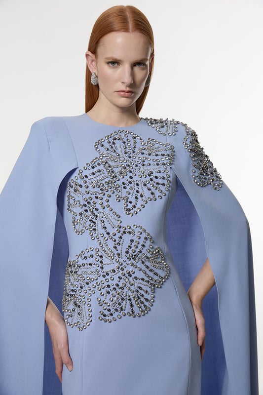 Petite Placed Floral Crystal Embellished Tailored Drama Cape Maxi Dress