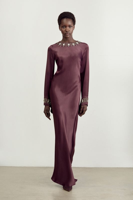 The Founder Petite Crystal Embellished Satin Wrap Maxi Dress