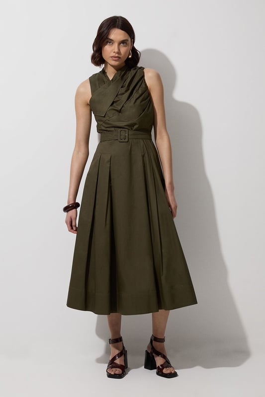 Cotton Sateen Asymmetric Belted Woven Midi Dress