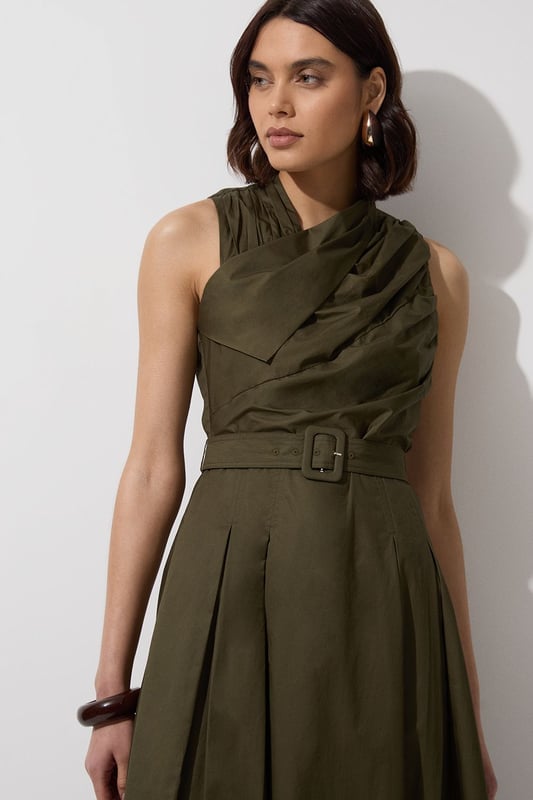 Cotton Sateen Asymmetric Belted Woven Midi Dress