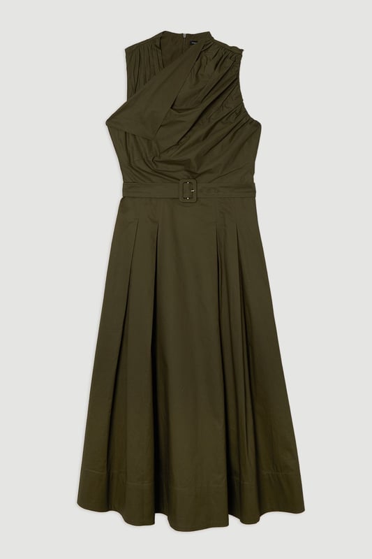 Cotton Sateen Asymmetric Belted Woven Midi Dress