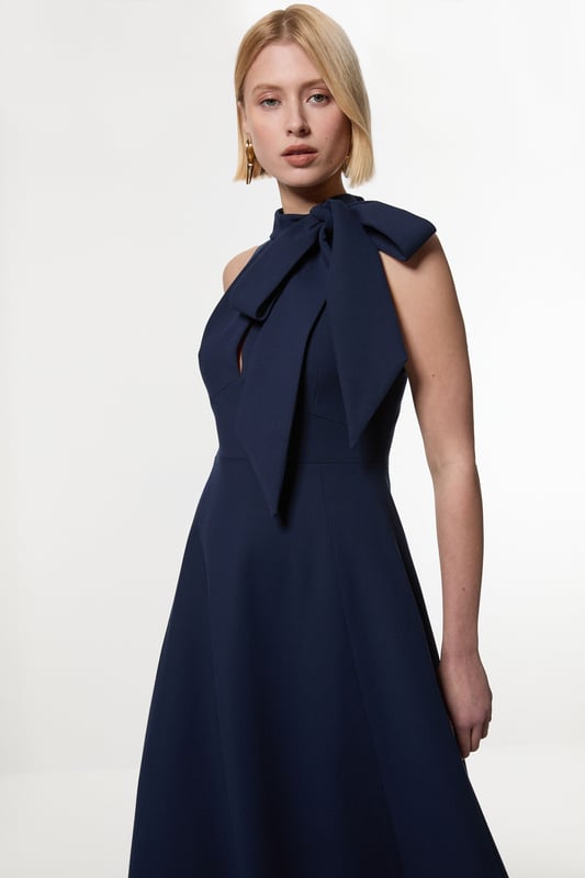 knee length dresses for ladies Black Bow Strap Crepe Fitted Midi Dress