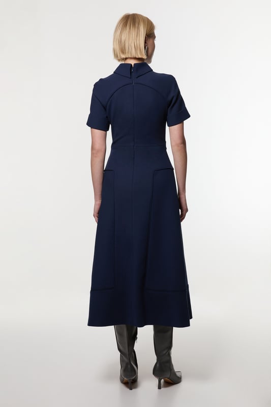Compact Stretch Bow Tie Neck Full Skirted Midi Dress Compact Stretch Bow Tie Neck Full Skirted Midi Dress