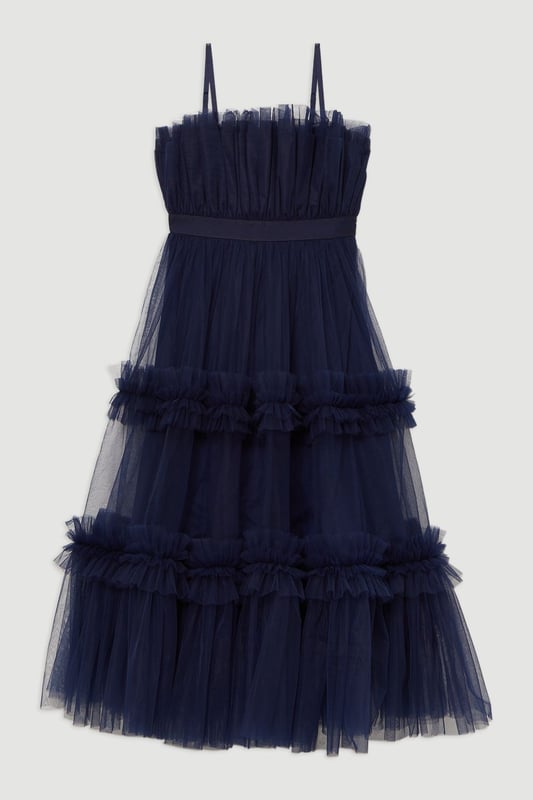 knee length dresses for ladies Strapless Floral Print Tulle Midi Dress EU42