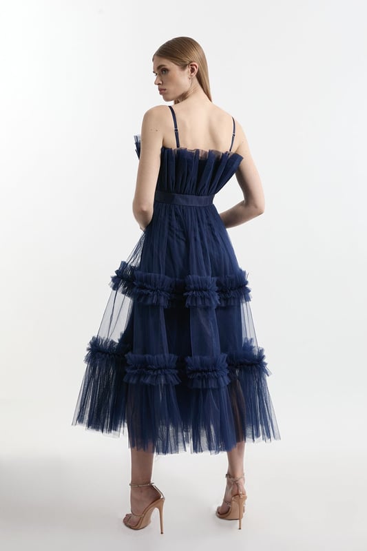 knee length dresses for ladies Strapless Floral Print Tulle Midi Dress – HAREM's Brides main image 0