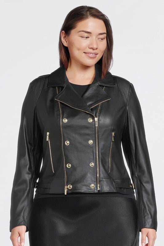 Designed in buttery soft leather, this jacket is something special. The classic biker styling works harmoniously against its statement double-breasted front. Featuring our signature KM logo and embossed detail, the gold buttons offer an elevated feel to your go-to layer.Expertly designed for those size 18 and above, our curve collection is perfectly proportioned to ensure you look stylish at every shape.Style: Biker JacketDesign: PlainFabric: LeatherLength: RegularNeckline: CollaredSleeve Length: Long Sleeve Discover our collection of plus size coats and jackets or browse our range of plus size clothing now.