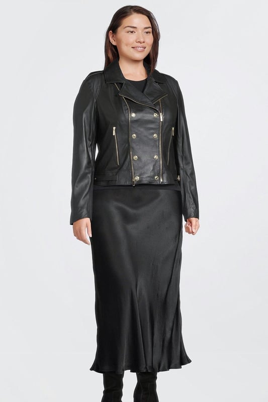 Designed in buttery soft leather, this jacket is something special. The classic biker styling works harmoniously against its statement double-breasted front. Featuring our signature KM logo and embossed detail, the gold buttons offer an elevated feel to your go-to layer.Expertly designed for those size 18 and above, our curve collection is perfectly proportioned to ensure you look stylish at every shape.Style: Biker JacketDesign: PlainFabric: LeatherLength: RegularNeckline: CollaredSleeve Length: Long Sleeve Discover our collection of plus size coats and jackets or browse our range of plus size clothing now.
