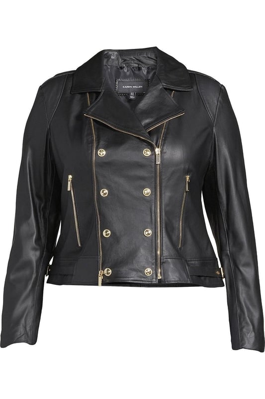 Designed in buttery soft leather, this jacket is something special. The classic biker styling works harmoniously against its statement double-breasted front. Featuring our signature KM logo and embossed detail, the gold buttons offer an elevated feel to your go-to layer.Expertly designed for those size 18 and above, our curve collection is perfectly proportioned to ensure you look stylish at every shape.Style: Biker JacketDesign: PlainFabric: LeatherLength: RegularNeckline: CollaredSleeve Length: Long Sleeve Discover our collection of plus size coats and jackets or browse our range of plus size clothing now.