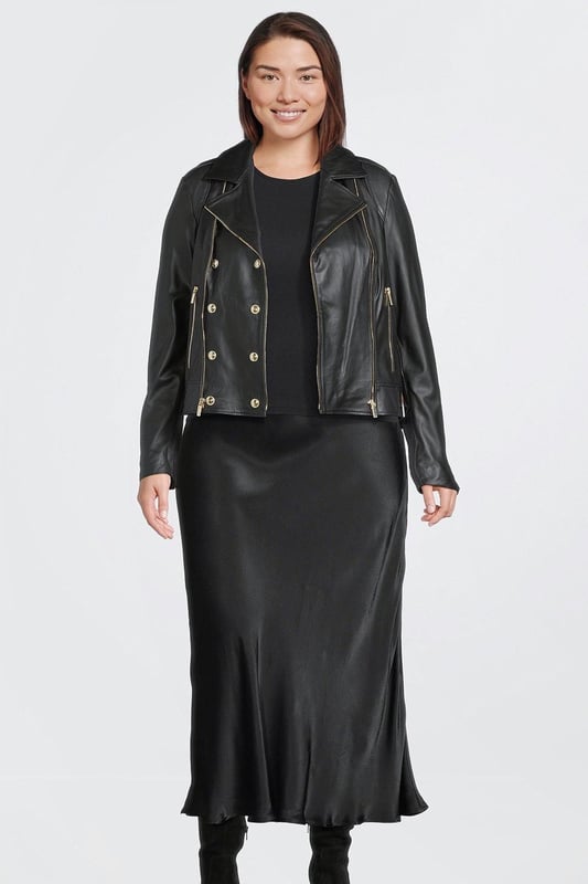 Designed in buttery soft leather, this jacket is something special. The classic biker styling works harmoniously against its statement double-breasted front. Featuring our signature KM logo and embossed detail, the gold buttons offer an elevated feel to your go-to layer.Expertly designed for those size 18 and above, our curve collection is perfectly proportioned to ensure you look stylish at every shape.Style: Biker JacketDesign: PlainFabric: LeatherLength: RegularNeckline: CollaredSleeve Length: Long Sleeve Discover our collection of plus size coats and jackets or browse our range of plus size clothing now.
