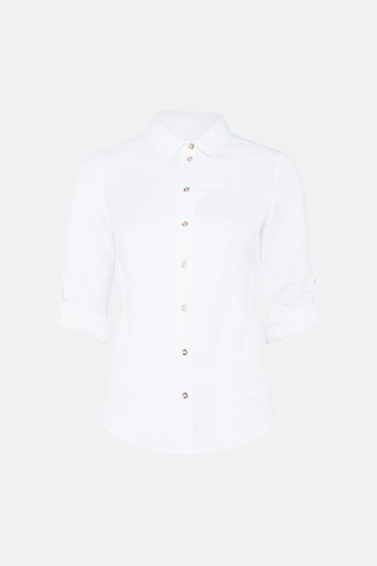 Timeless tailoring is presented with a proportional twist for this lightweight viscose linen shirt. This crisp piece has a point collar detailed with polished golden embossed buttons, and long sleeves. Pair this piece with tailored shorts and flats for a summer ensemble.Point collarButton detailingShirt