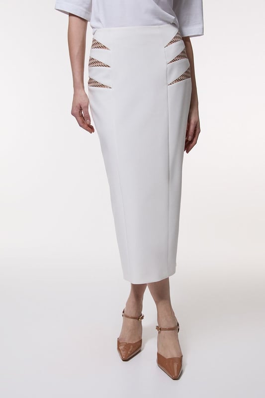 Compact Stretch Jacquard Insert Midi Pencil Skirt Experience updated wardrobe essentials with our midi skirt, with a straight silhouette and a high waistline, creating a universally flattering fit. The jacquard detailing adds immediate intrigue, elevating this piece beyond a basic. Style this piece with anything, from the matching jacket and strappy heels, to a knit jumper, tights, and boots. Compact Stretch Jacquard Insert Midi Pencil Skirt Sleek, Minimal Design Comfortable High Waistline Flattering Straight Silhouette Unique Insert Details on Hips Zip Back Fastening Matching Jacket Sold Separately