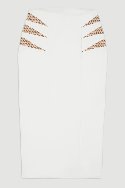 Compact Stretch Jacquard Insert Midi Pencil Skirt Experience updated wardrobe essentials with our midi skirt, with a straight silhouette and a high waistline, creating a universally flattering fit. The jacquard detailing adds immediate intrigue, elevating this piece beyond a basic. Style this piece with anything, from the matching jacket and strappy heels, to a knit jumper, tights, and boots. Compact Stretch Jacquard Insert Midi Pencil Skirt Sleek, Minimal Design Comfortable High Waistline Flattering Straight Silhouette Unique Insert Details on Hips Zip Back Fastening Matching Jacket Sold Separately