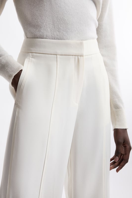 Experience elevated tailoring in a pair of straight leg trousers, featuring a flattering, relaxed fit, seam detailing for a seamless fit, and a comfortable high waistline. The sleek design makes them easy to style with anything, from a crisp button up shirt for a formal look, or with a T-shirt and trainers for a more laid back approach. Tailored Crepe Seam Detail Straight Leg Trousers High Quality Crepe Fabric Comfortable High Waistline Flattering Straight Leg Fit Statement, Pronounced Seam Detailing Pocket Accents Sleek, Minimal Design