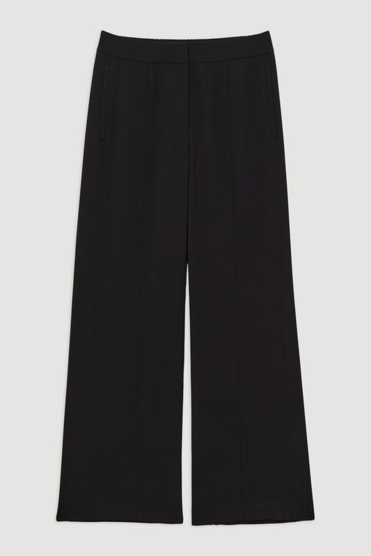 Experience elevated tailoring in a pair of straight leg trousers, featuring a flattering, relaxed fit, seam detailing for a seamless fit, and a comfortable high waistline. The sleek design makes them easy to style with anything, from a crisp button up shirt for a formal look, or with a T-shirt and trainers for a more laid back approach. Tailored Crepe Seam Detail Straight Leg Trousers High Quality Crepe Fabric Comfortable High Waistline Flattering Straight Leg Fit Statement, Pronounced Seam Detailing Pocket Accents Sleek, Minimal Design