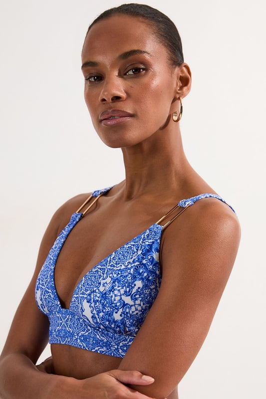 Blue Scarf Print Plunge Bikini Top